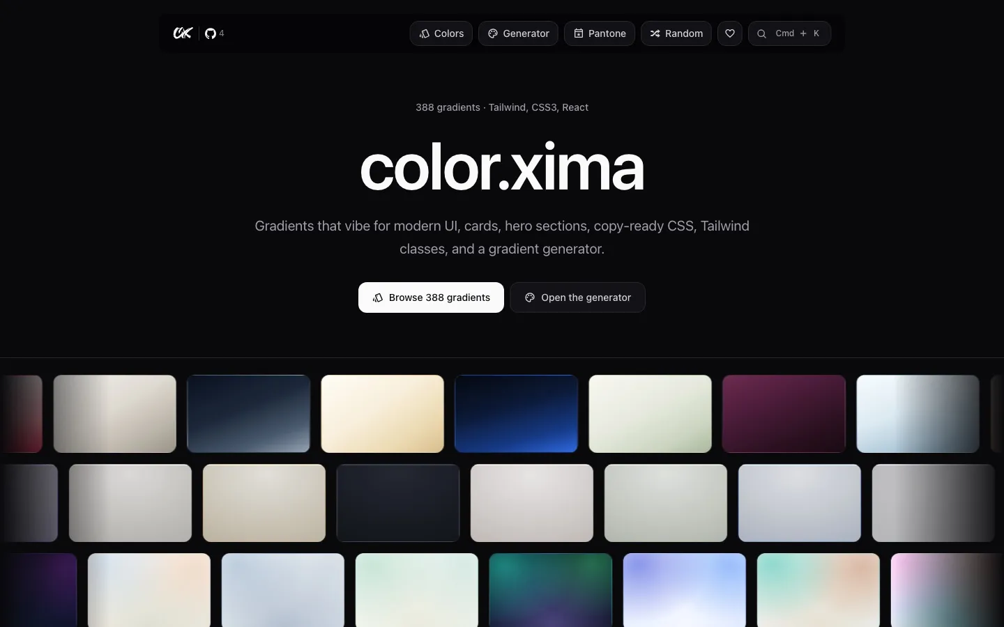 Главная color.xima.work: заголовок, кнопка на 388 градиентов и лента превью под ней