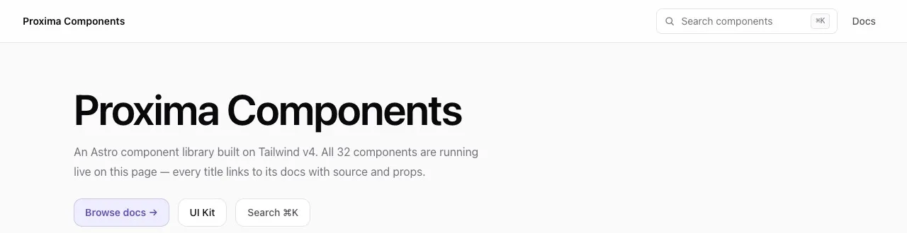 Главная Proxima Components: заголовок, кнопки Browse docs, UI Kit, Search, и живой рендер компонента SearchShowcase под ними