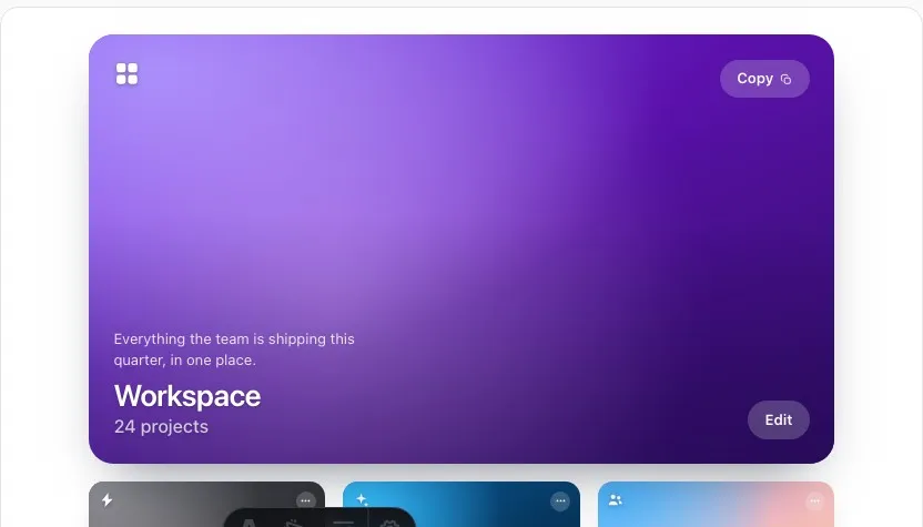 SpotlightDeck: крупная фиолетовая карточка Workspace, снизу три уменьшенные плитки других цветов