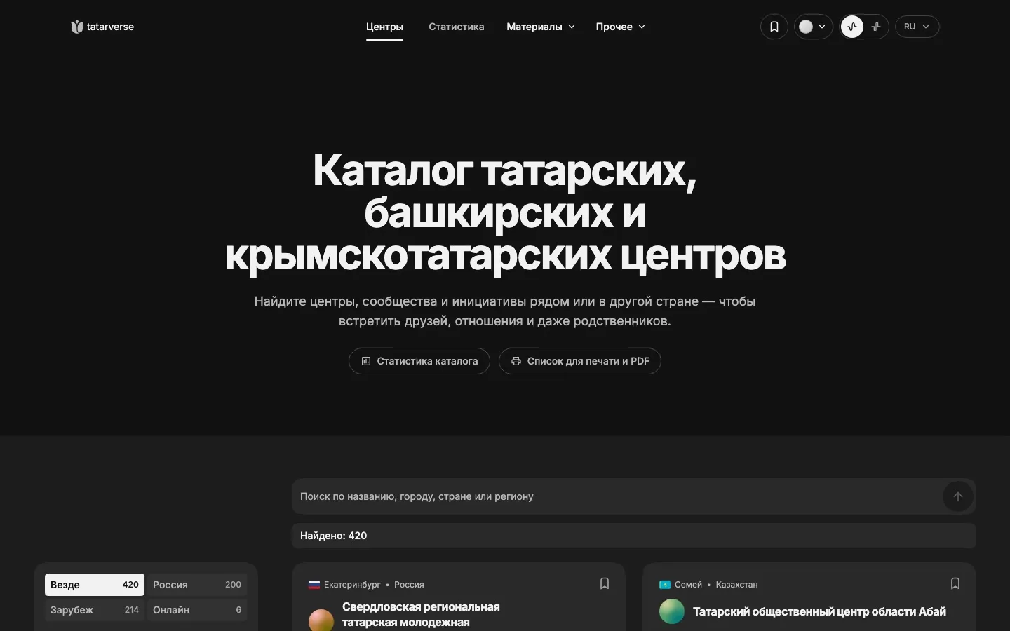 Каталог центров: поиск, фасеты по стране и региону, счетчики у каждого фильтра